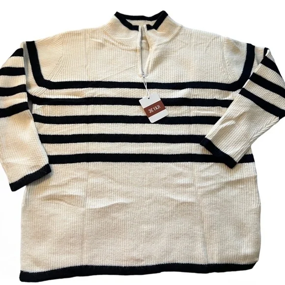 Striped Half Zip Side Slit Relaxed Casual Pullover Sweater - Picture 12 of 16